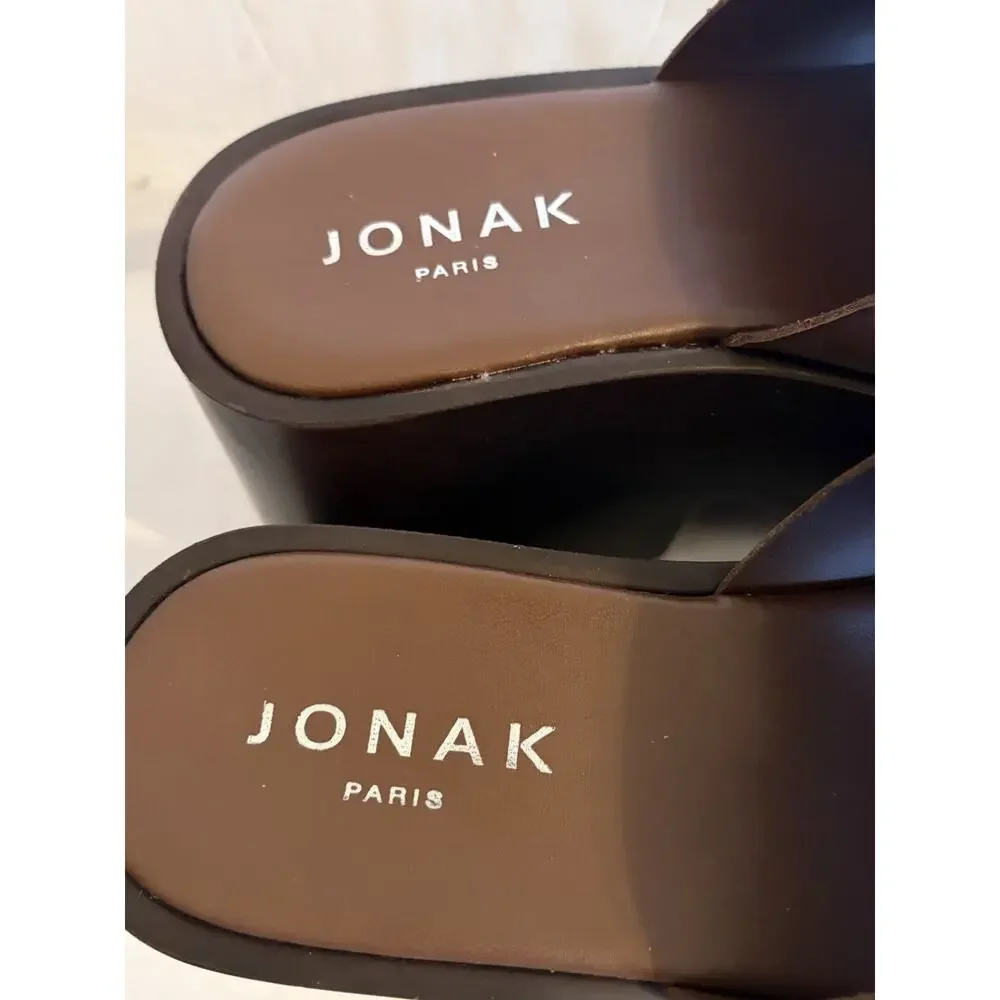 NEW Jonak Paris Platform Wedge Mules Sandals •EU 38/ US 7• Brown Leather $275 - Picture 7 of 11